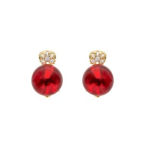 Gold unique ball-shaped amber earrings with zircons