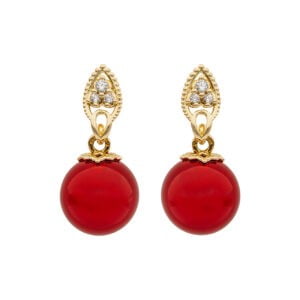 Gold unique ball-shaped amber earrings with zircons